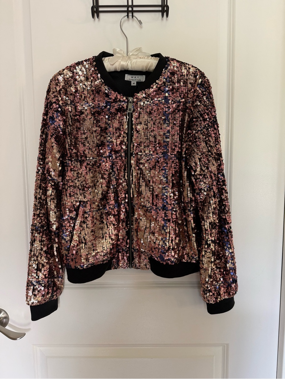 Sequin Rose Gold Bomber Jacket with Zip -